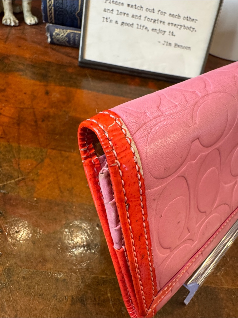 Coach Pink Signature Leather Continental Wallet with Orange Trim - Picture 5 of 14